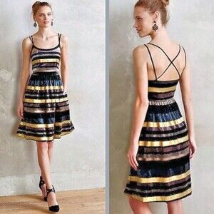 Wolven by Annthropologie Cocktail Dress Faux Leather Velvet Strappy Striped 4